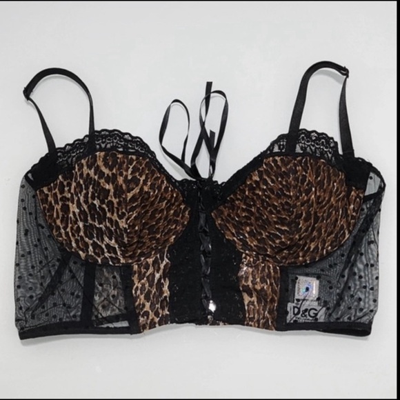 Dolce & Gabbana 90s Black Animal print Mesh Lace-up Bustier Corset 38D Medium L - Picture 3 of 16